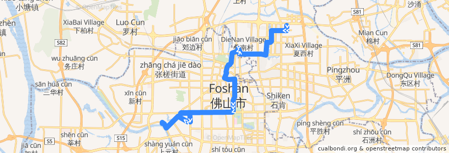 Mapa del recorrido 120路(地铁金融高新区-南风古灶) de la línea  en Foshan.