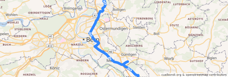 Mapa del recorrido Bus 40: Ittigen, Kappelisacker => Allmendingen, Käserei [Abends und Sonntag] de la línea  en Verwaltungskreis Bern-Mittelland.