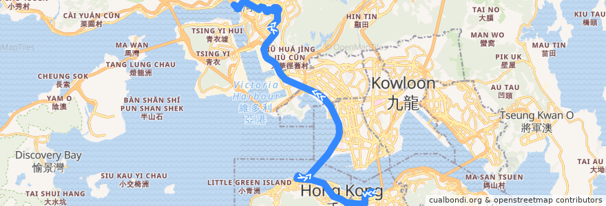 Mapa del recorrido 過海隧巴930線 Cross-harbour Bus 930 (灣仔北 Wan Chai North → 荃灣西站 Tsuen Wan West Station) de la línea  en Hong Kong.