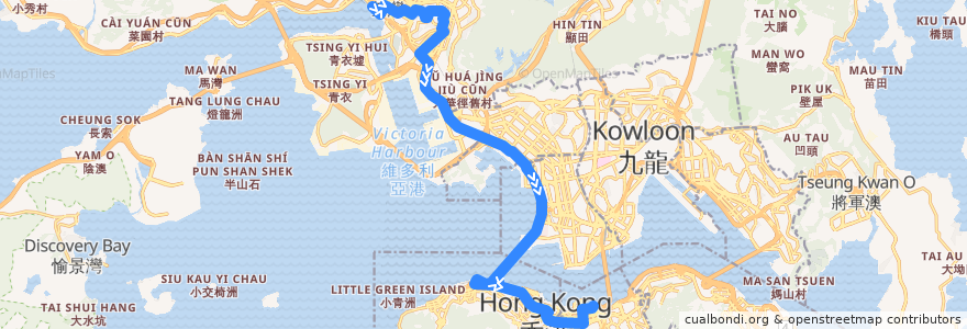 Mapa del recorrido 過海隧巴930線 Cross-harbour Bus 930 (荃灣西站 Tsuen Wan West Station → 灣仔北 Wan Chai North) de la línea  en Hong Kong.