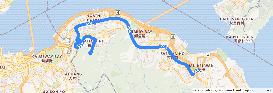 Mapa del recorrido 城巴85A線 Citybus 85A (筲箕灣 Shau Kei Wan → 寶馬山 Braemar Hill) de la línea  en 東區 Eastern District.