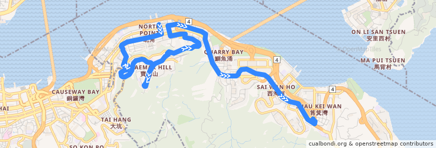 Mapa del recorrido 城巴85A線 Citybus 85A (北角碼頭 North Point Ferry Pier → 筲箕灣 Shau Kei Wan) de la línea  en 東區 Eastern District.