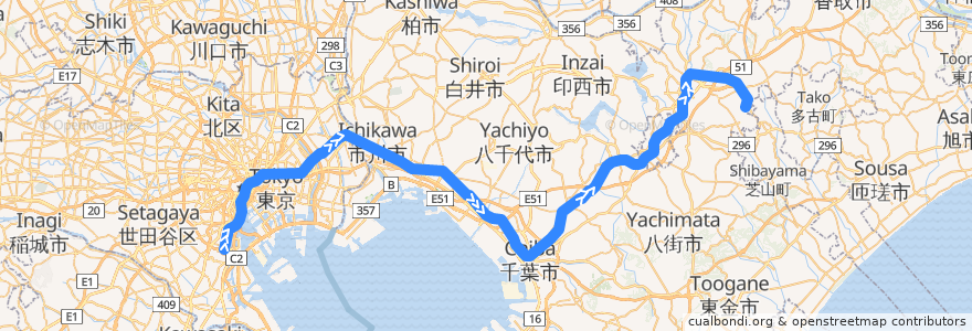 Mapa del recorrido JR成田エクスプレス de la línea  en Japan.