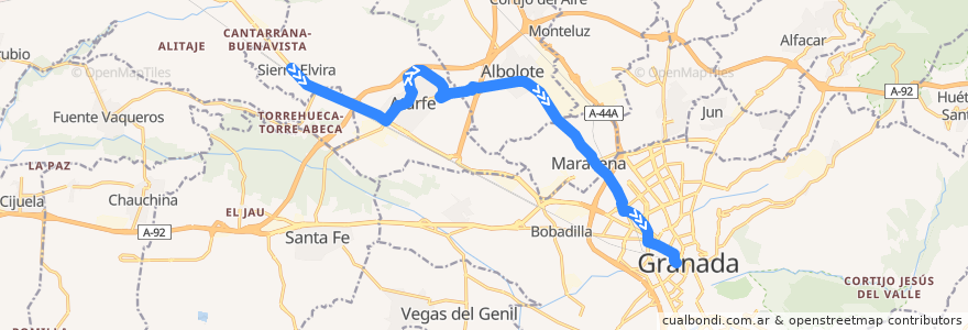 Mapa del recorrido Bus 0122: Atarfe → Albolote → Maracena → Granada de la línea  en Comarca de la Vega de Granada.