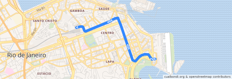 Mapa del recorrido VLT Carioca 3: Santos Dumont → Central de la línea  en Rio de Janeiro.