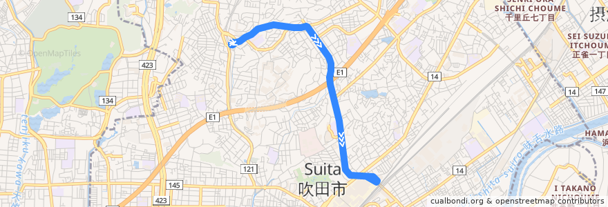 Mapa del recorrido 6: 阪急千里山→JR吹田北口 de la línea  en Suita.