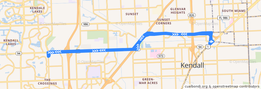 Mapa del recorrido MDT route 288A Kendall Cruiser de la línea  en Contea di Miami-Dade.