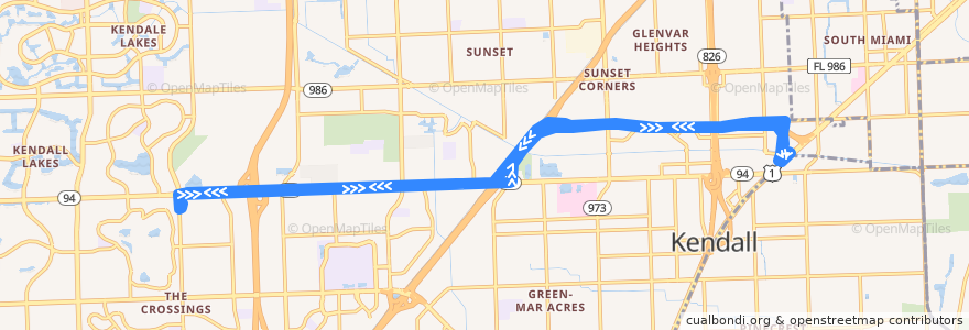 Mapa del recorrido MDT route 288A Kendall Cruiser de la línea  en Miami-Dade County.