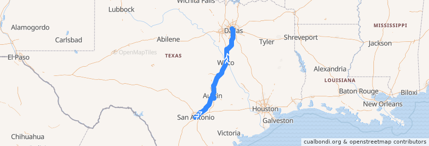 Mapa del recorrido Flixbus 2231: San Antonio => Dallas de la línea  en 得克萨斯州 / 德克薩斯州 / 德薩斯州.