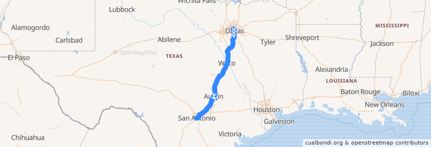 Mapa del recorrido Flixbus 2231: Dallas => San Antonio de la línea  en 得克萨斯州 / 德克薩斯州 / 德薩斯州.