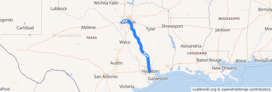 Mapa del recorrido Flixbus 2240: Dallas/Fort Worth => Houston de la línea  en Teksas.