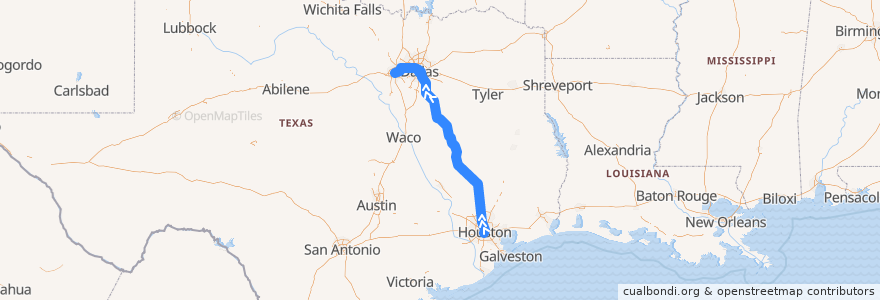 Mapa del recorrido Flixbus 2240: Houston => Dallas/Fort Worth de la línea  en 得克萨斯州 / 德克薩斯州 / 德薩斯州.