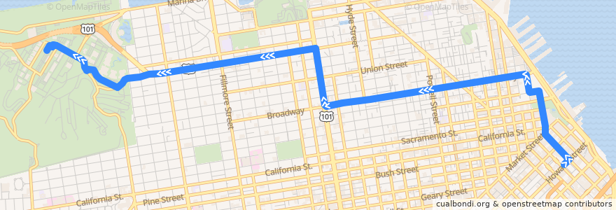 Mapa del recorrido PresidiGo Downtown Shuttle: Main & Howard => Presidio Transit Center de la línea  en سان فرانسیسکو.