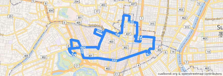 Mapa del recorrido 風ぐるま 秋葉原ルート de la línea  en 東京都.