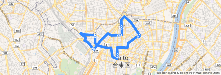 Mapa del recorrido 北めぐりん 「根岸」 de la línea  en Arrondissement de Taitō.