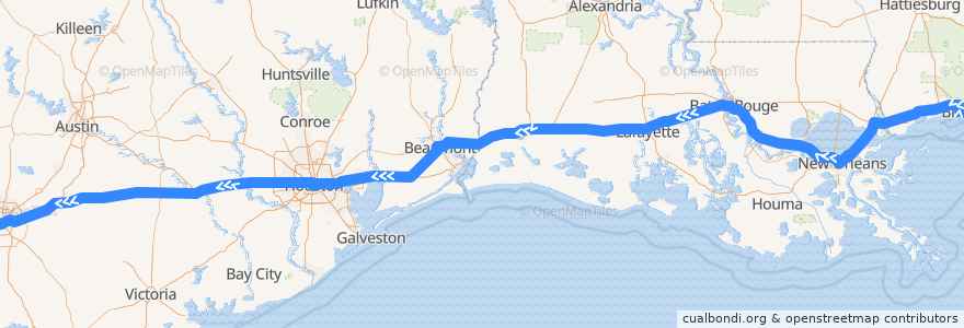 Mapa del recorrido Flixbus 2210: Biloxi => San Antonio de la línea  en الولايات المتّحدة الأمريكيّة.