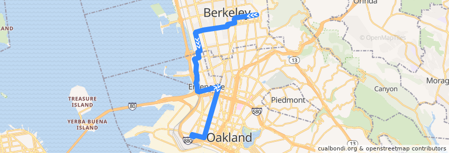 Mapa del recorrido AC Transit 36: U.C. Campus => West Oakland BART de la línea  en شهرستان آلامدا، کالیفرنیا.