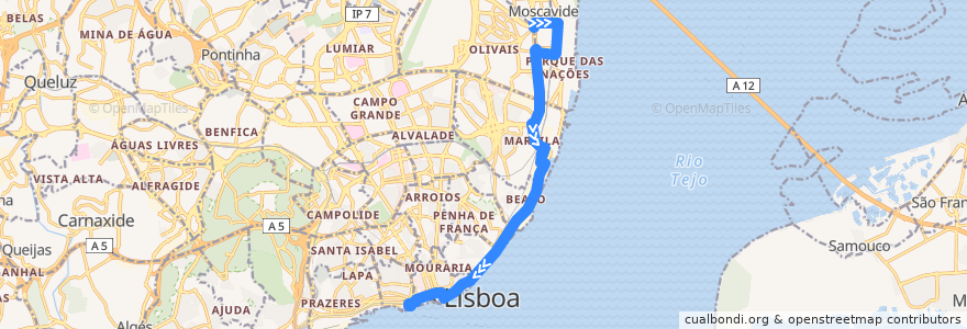 Mapa del recorrido Bus 782: Moscavide - Praça José Queirós → Cais do Sodré de la línea  en Portugal.