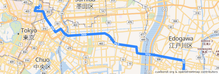 Mapa del recorrido Aki 26 (E->W) de la línea  en 東京都.