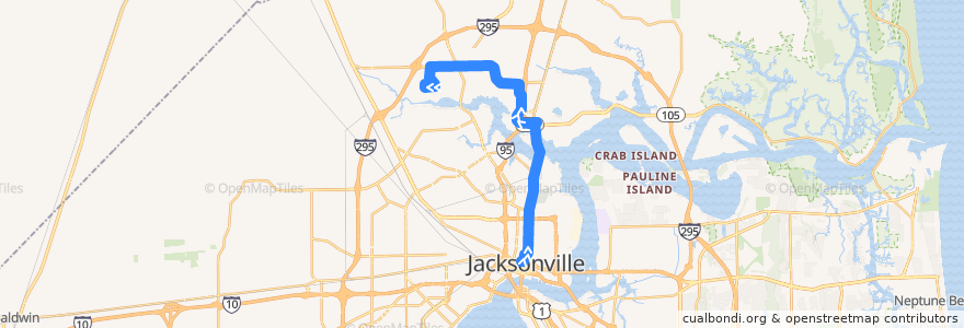 Mapa del recorrido JTA 1B North Main/FSCJ North de la línea  en Джэксонвилл.