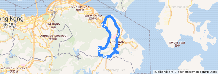 Mapa del recorrido 新巴389線 NWFB 389 (筲箕灣 Shau Kei Wan ↺ 柴灣墳場 Chai Wan Cemeteries) de la línea  en 東區 Eastern District.