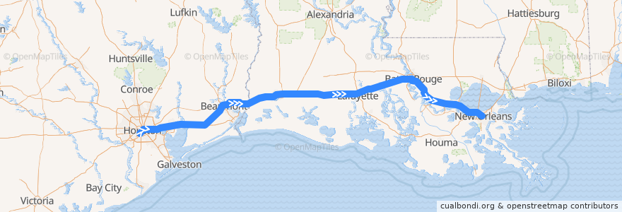Mapa del recorrido Flixbus 2211: Houston => New Orleans de la línea  en Estados Unidos de América.