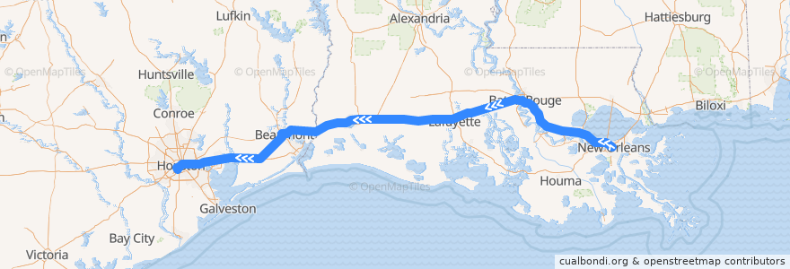 Mapa del recorrido Flixbus 2211: New Orleans => Houston de la línea  en 美利坚合众国/美利堅合眾國.