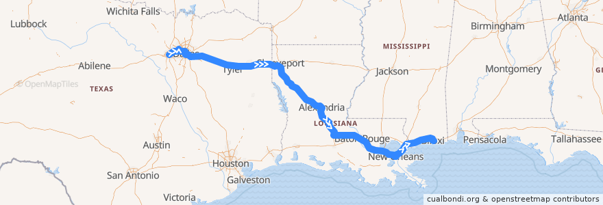 Mapa del recorrido Flixbus 2221: Dallas/Fort Worth => Biloxi de la línea  en 美利坚合众国/美利堅合眾國.