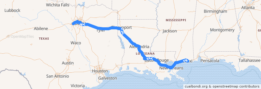 Mapa del recorrido Flixbus 2221: Biloxi => Dallas/Fort Worth de la línea  en Estados Unidos de América.