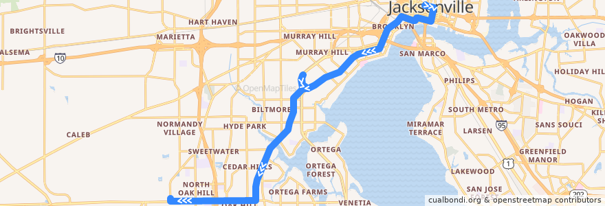 Mapa del recorrido JTA 5B Park-Blanding/103rd Street de la línea  en 杰克逊维尔/傑克遜維爾.