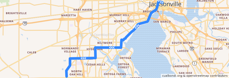 Mapa del recorrido JTA 16 Riverside/Wilson (southbound) de la línea  en Jacksonville.