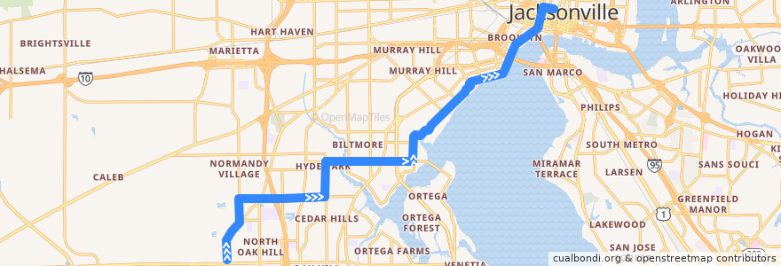 Mapa del recorrido JTA 16 Riverside/Wilson (northbound) de la línea  en جکسون‌ویل.