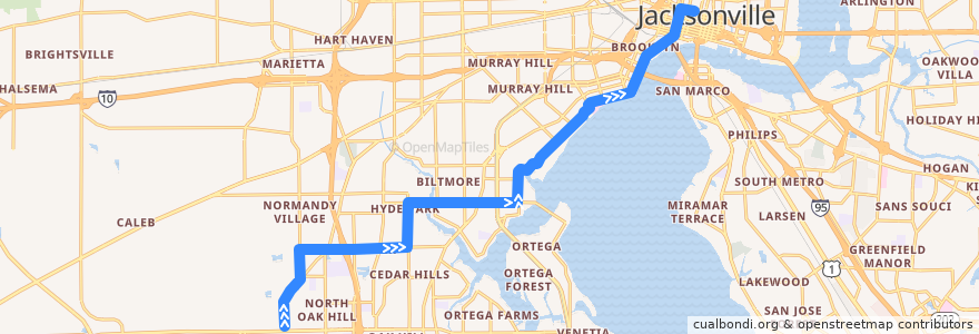Mapa del recorrido JTA 16 Riverside/Wilson (northbound) de la línea  en Jacksonville.