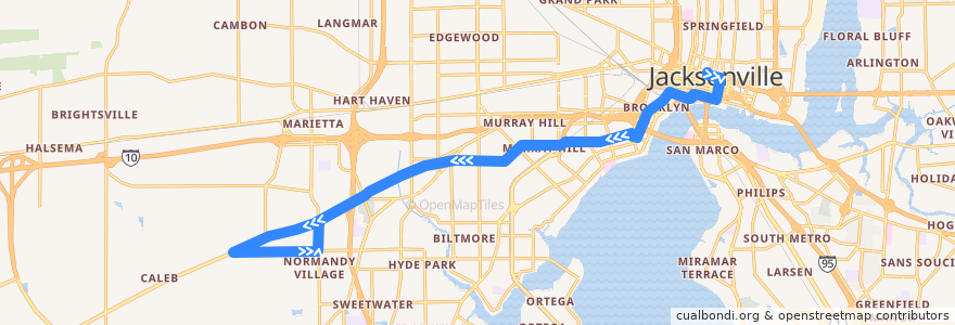 Mapa del recorrido JTA 15 Post/Normandy (westbound) de la línea  en ジャクソンビル.