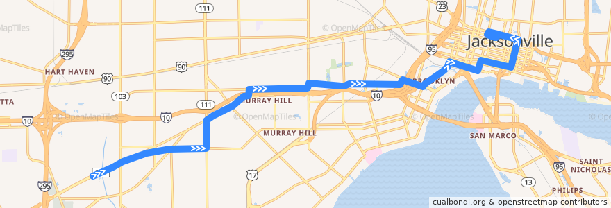 Mapa del recorrido JTA 14 Edison (eastbound) de la línea  en 잭슨빌.