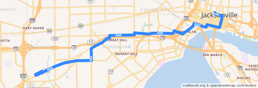 Mapa del recorrido JTA 14 Edison (westbound) de la línea  en Jacksonville.