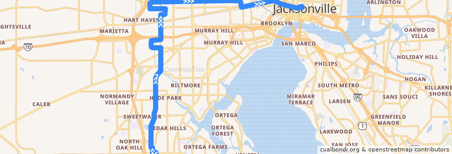 Mapa del recorrido JTA 13 Commonwealth/Lane (eastbound) de la línea  en جاكسونفيل.