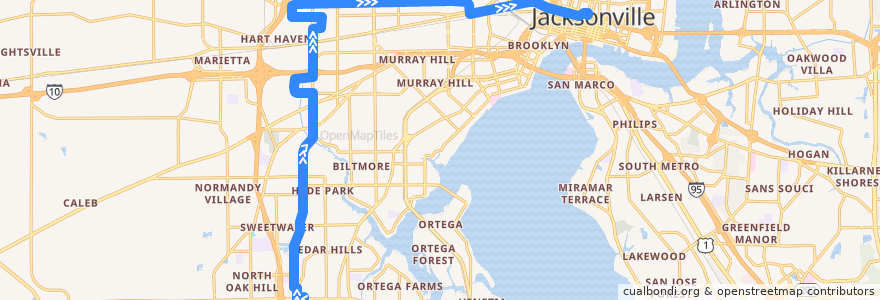 Mapa del recorrido JTA 13 Commonwealth/Lane (eastbound) de la línea  en Jacksonville.