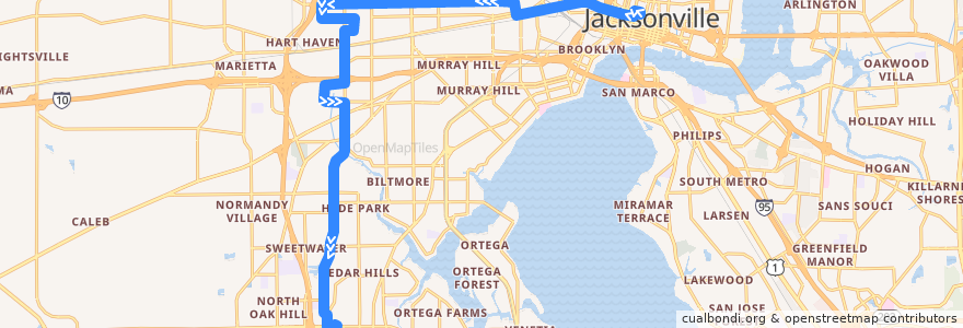 Mapa del recorrido JTA 13 Commonwealth/Lane (westbound) de la línea  en جاكسونفيل.