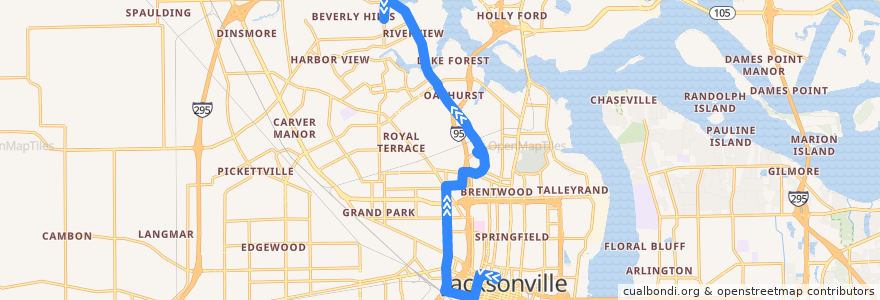 Mapa del recorrido JTA 12 Myrtle/Lem Turner (northbound) de la línea  en جاكسونفيل.