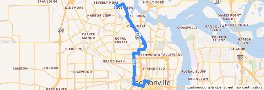 Mapa del recorrido JTA 12 Myrtle/Lem Turner (southbound) de la línea  en Jacksonville.