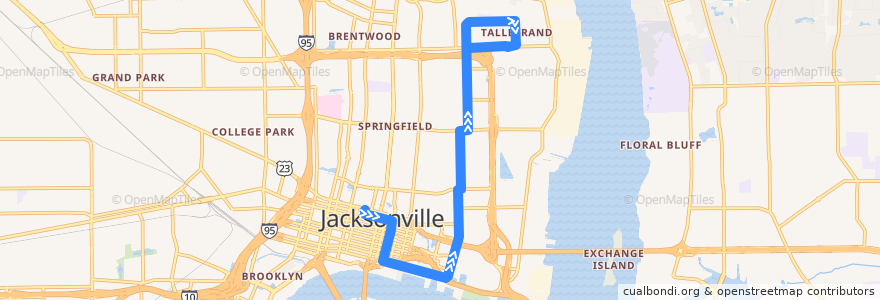 Mapa del recorrido JTA 11 A. Philip Randolph (northbound) de la línea  en 잭슨빌.