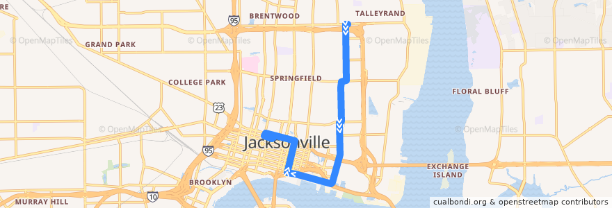 Mapa del recorrido JTA 11 A. Philip Randolph (southbound) de la línea  en 杰克逊维尔/傑克遜維爾.