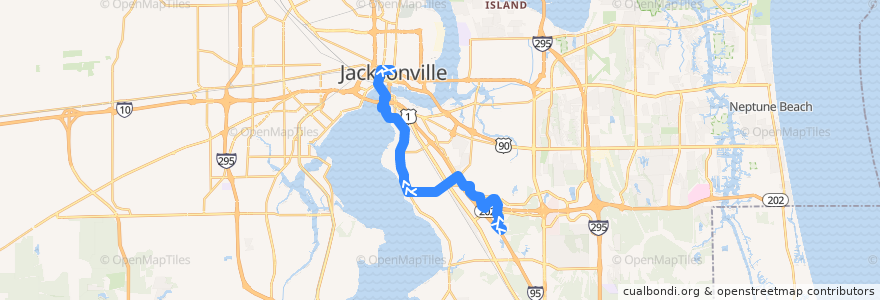 Mapa del recorrido JTA 25 San Jose/Southpoint (northbound) de la línea  en Jacksonville.