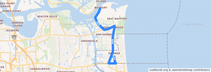 Mapa del recorrido JTA 24 Mayport (northbound) de la línea  en 杜瓦尔县/杜瓦爾縣/杜瓦爾郡.