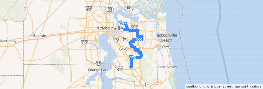 Mapa del recorrido JTA 23 Townsend/Southside (southbound) de la línea  en 杰克逊维尔/傑克遜維爾.