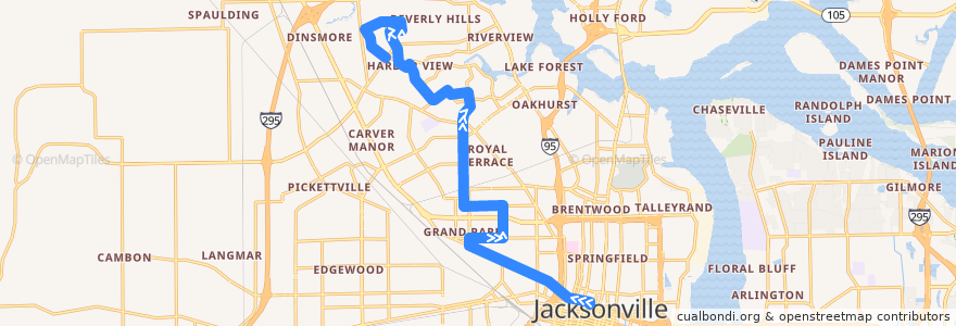 Mapa del recorrido JTA 22 Avenue B (northbound) de la línea  en 杰克逊维尔/傑克遜維爾.