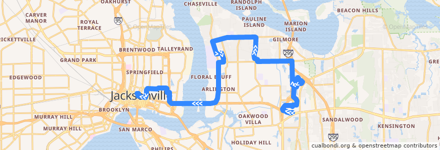 Mapa del recorrido JTA 19 Arlington (westbound) de la línea  en Jacksonville.