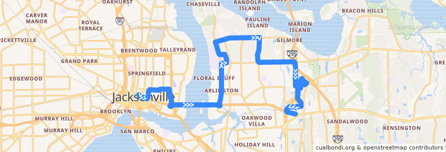 Mapa del recorrido JTA 19 Arlington (eastbound) de la línea  en Jacksonville.
