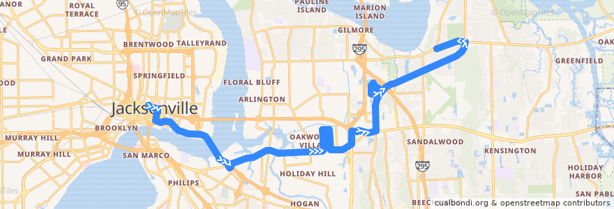 Mapa del recorrido JTA 18 Atlantic/Monument (eastbound) de la línea  en Jacksonville.